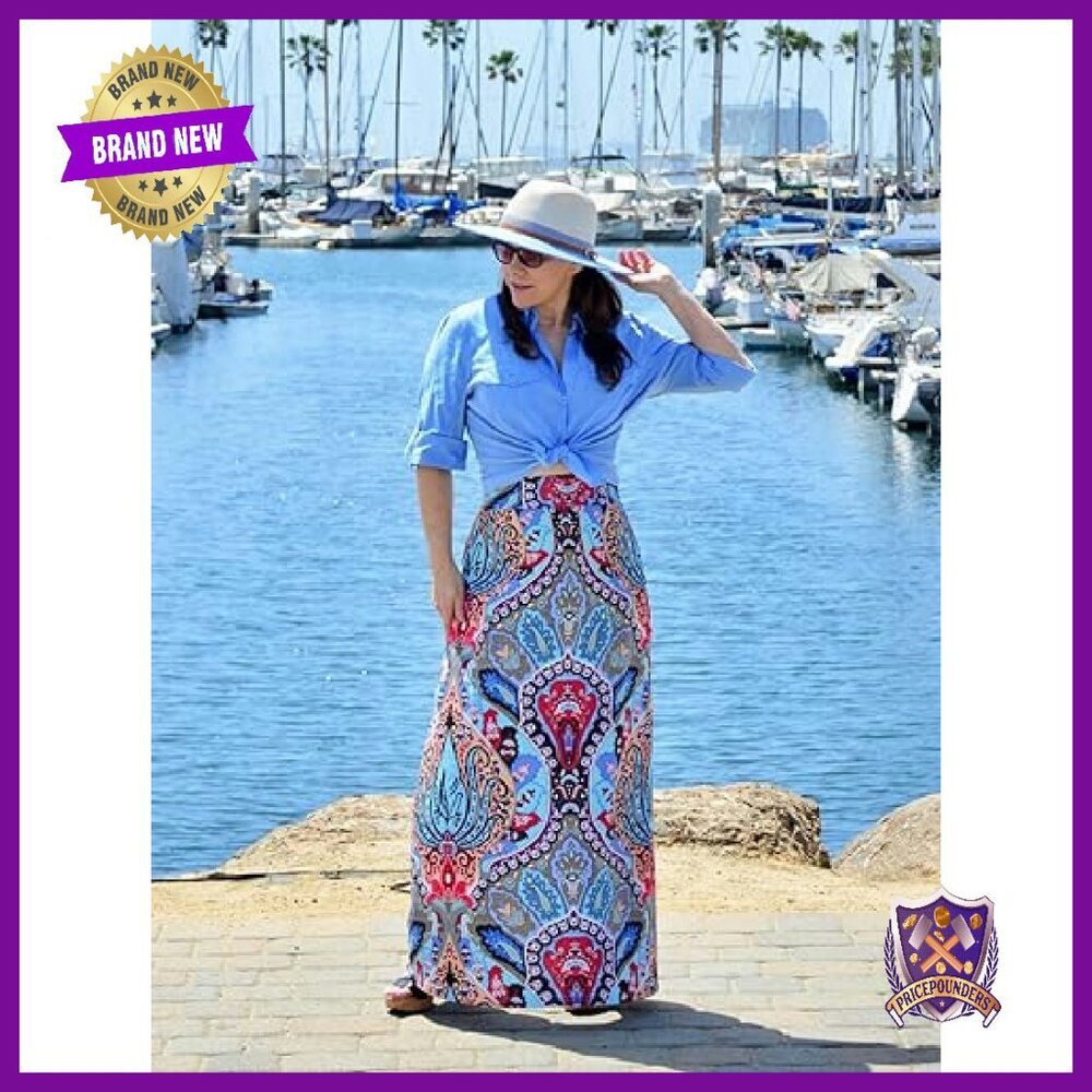 Long Maxi Skirt Elastic Waist Bohemian Print Lightweight Casual - Picture 3 of 8